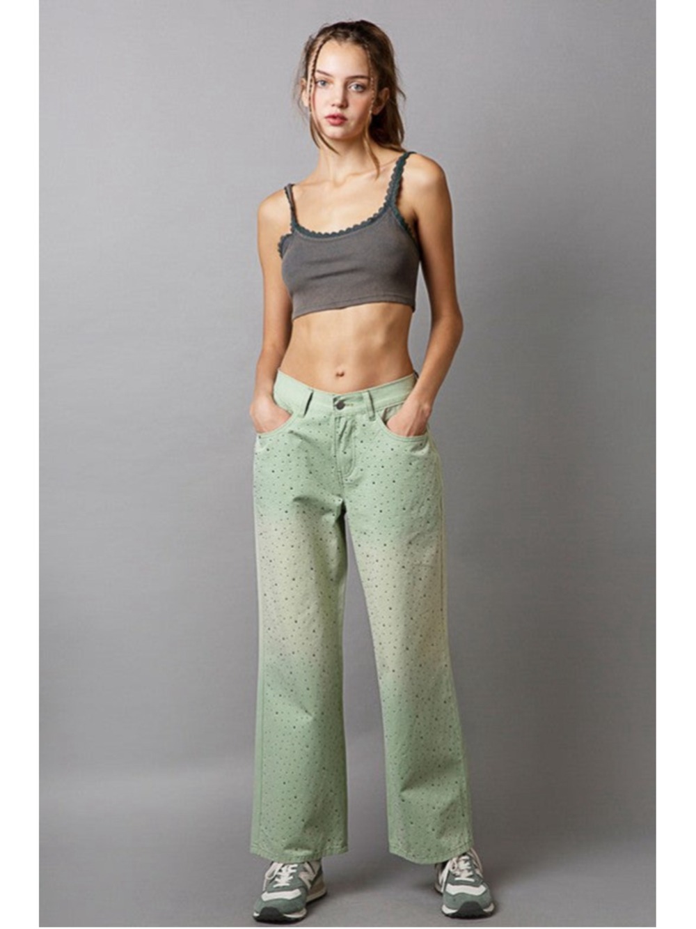 POL Studded Gradient Wide Leg Pants Jeans L Green